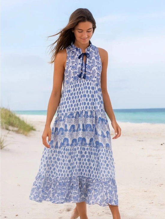 Calypso St. Barth Dresses & Skirts - Calypso St. Barth Blue White Floral Block Print Tiered Maxi Dress Halter, Small